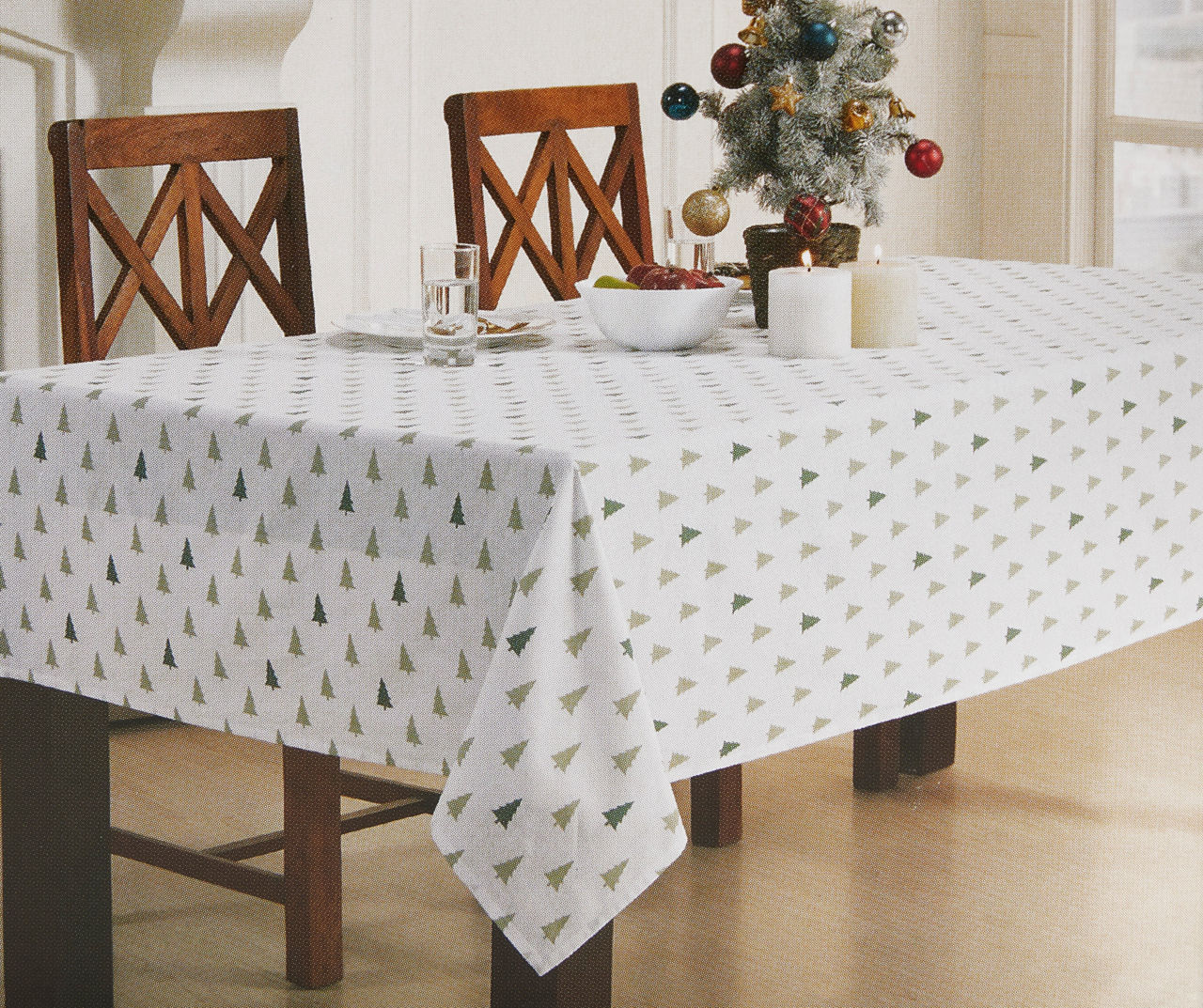 Arctic Enchantment White & Green Christmas Trees Fabric Tablecloth, (52" x 70")