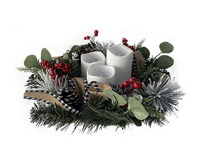 Frosted Pine & Buffalo Check LED Candle Trio Arrangement