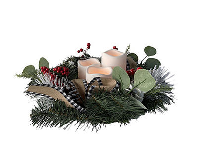Frosted Pine & Buffalo Check LED Candle Trio Arrangement