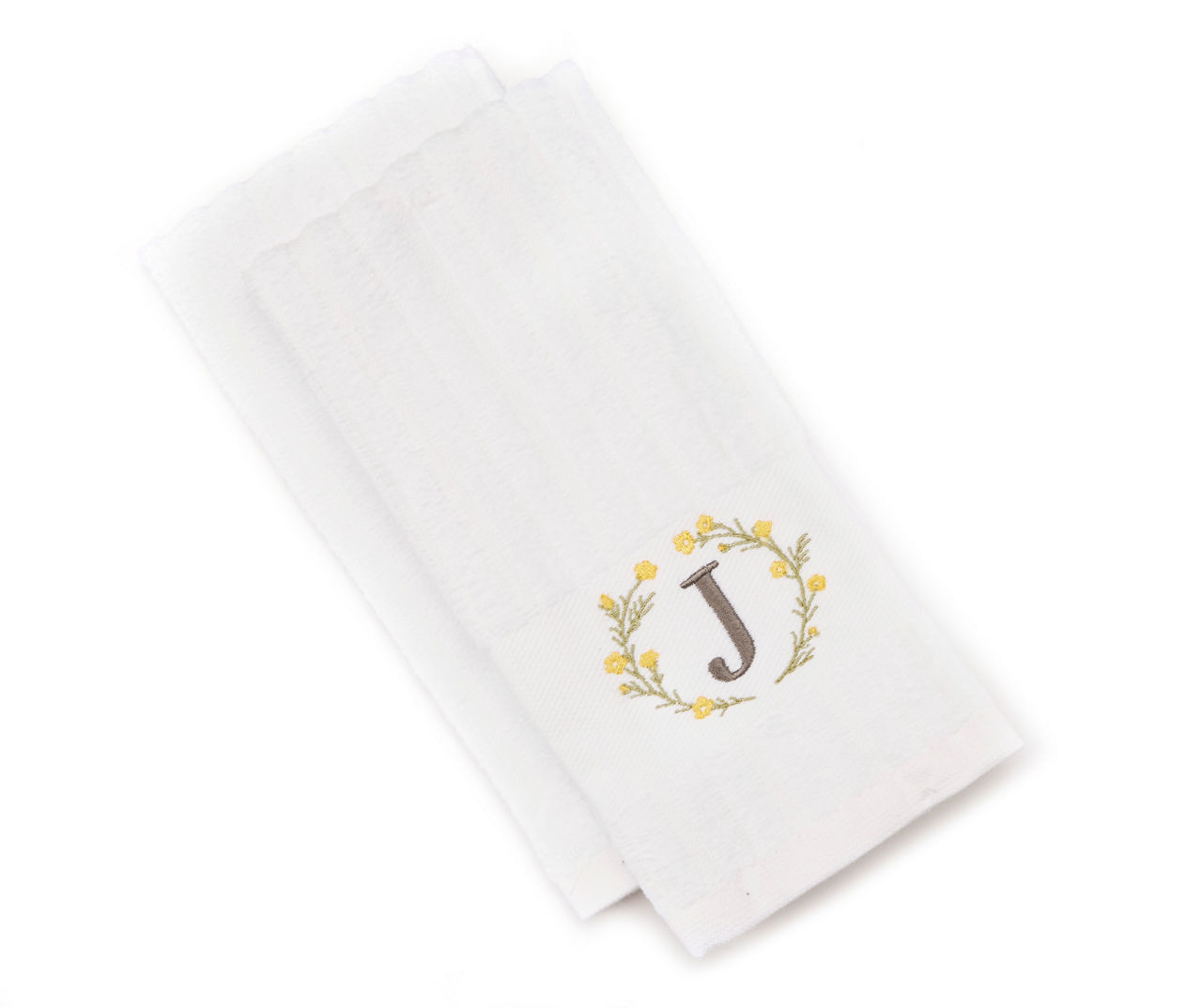 Bright White & Yellow Floral Wreath Monogram Fingertip Towels, 2Pack