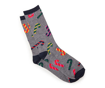 Men's Gray & Multicolor Candy Cane Crew Socks