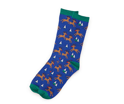 Men's Blue & Green Reindeer Crew Socks