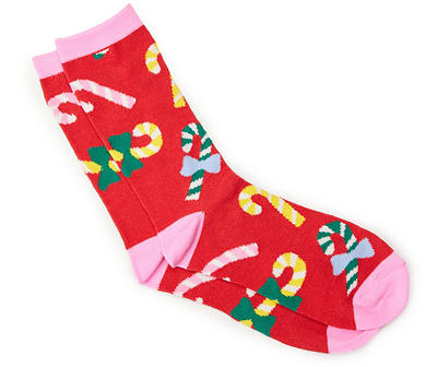 Women's Red & Multicolor Candy Cane Crew Socks
