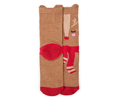 Kid's Brown & Red Reindeer Face Crew Socks
