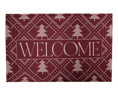 "Welcome" Dark Red & Ivory Fair Isle Trees Crumb Rubber Doormat