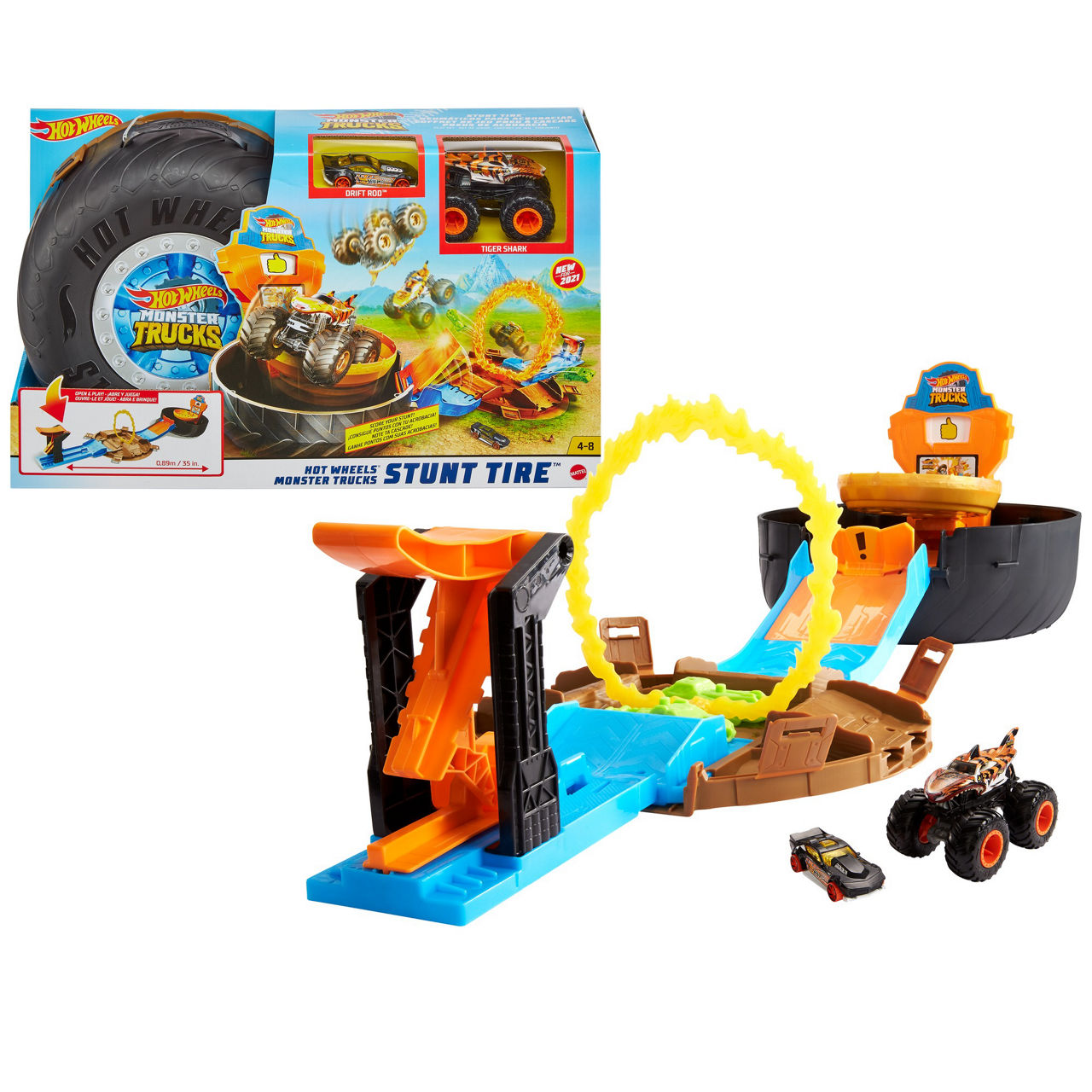  Hot Wheels Monster Trucks Stunt Tire Play Set Opens to Reveal  Arena with Launcher, 1 1:64 Scale Car & 1 Monster Truck, Portable Toy Gift  Set for Ages 4 to 8