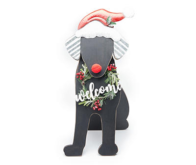 "Welcome" Santa Dog & Wreath Light-Up Easel Decor