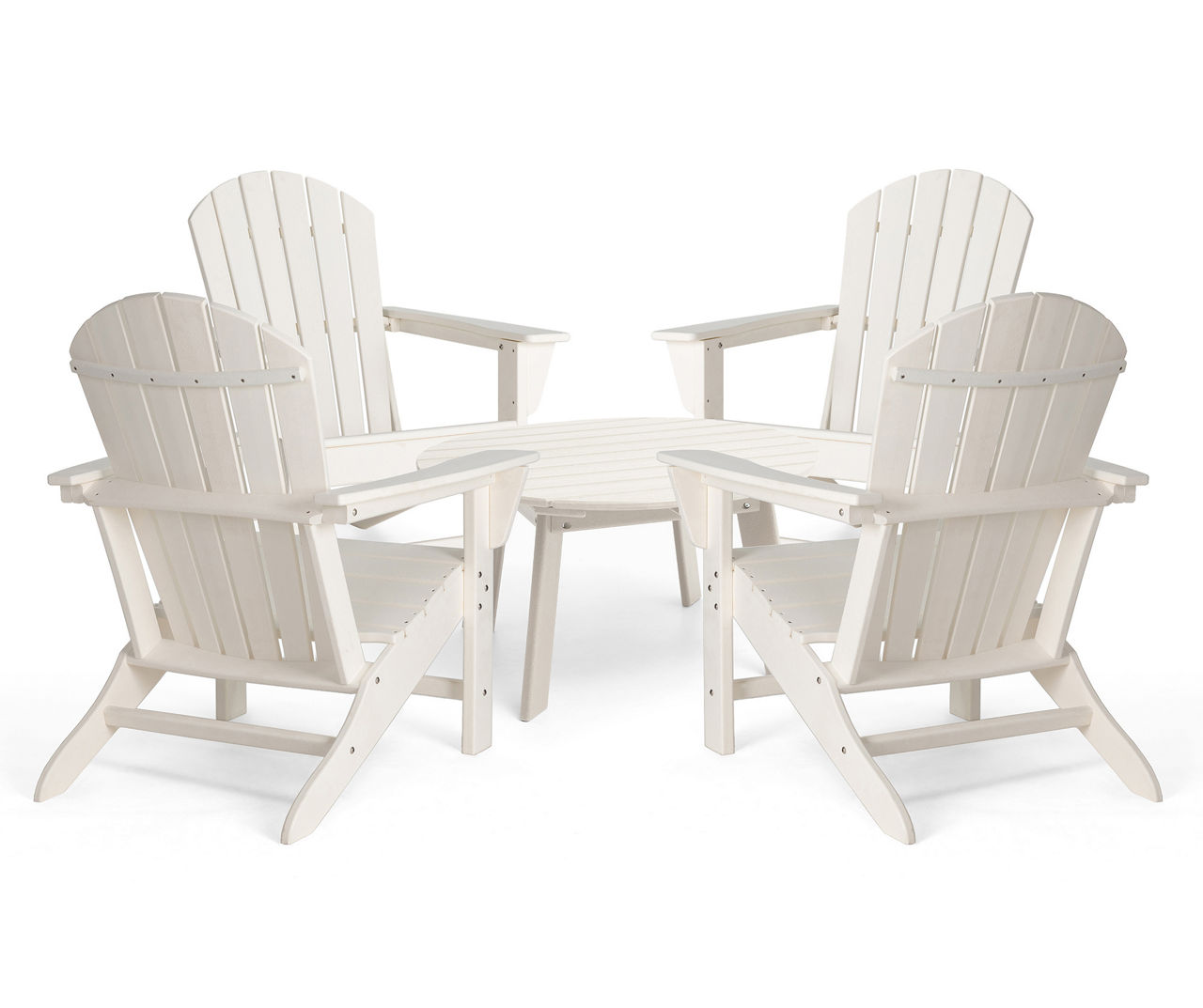 5-Piece Outdoor Patio White HDPE Adirondack Chair and Coffee Table Set1pc 32"D Coffee Table4pcs Adirondack Chairs (KD)