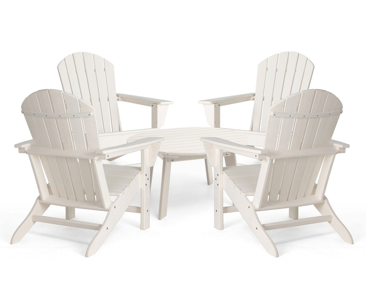 5-Piece Outdoor Patio White HDPE Adirondack Chair and Coffee Table Set1pc 36"D Coffee Table4pcs Adirondack Chairs (KD)