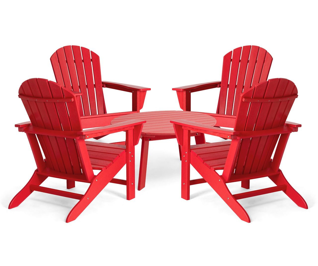 5-Piece Outdoor Patio Red HDPE Adirondack Chair and Coffee Table Set1pc 36"D Coffee Table4pcs Adirondack Chairs (KD)