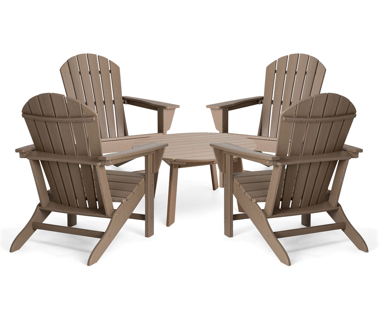 5-Piece Outdoor Patio Tan HDPE Adirondack Chair and Coffee Table Set1pc 36"D Coffee Table4pcs Adirondack Chairs (KD)
