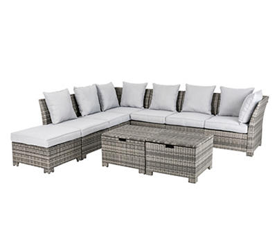 Gray-Cream 9-Piece All-Weather Wicker Cushioned Patio Sectional, Ottoman & Table Set