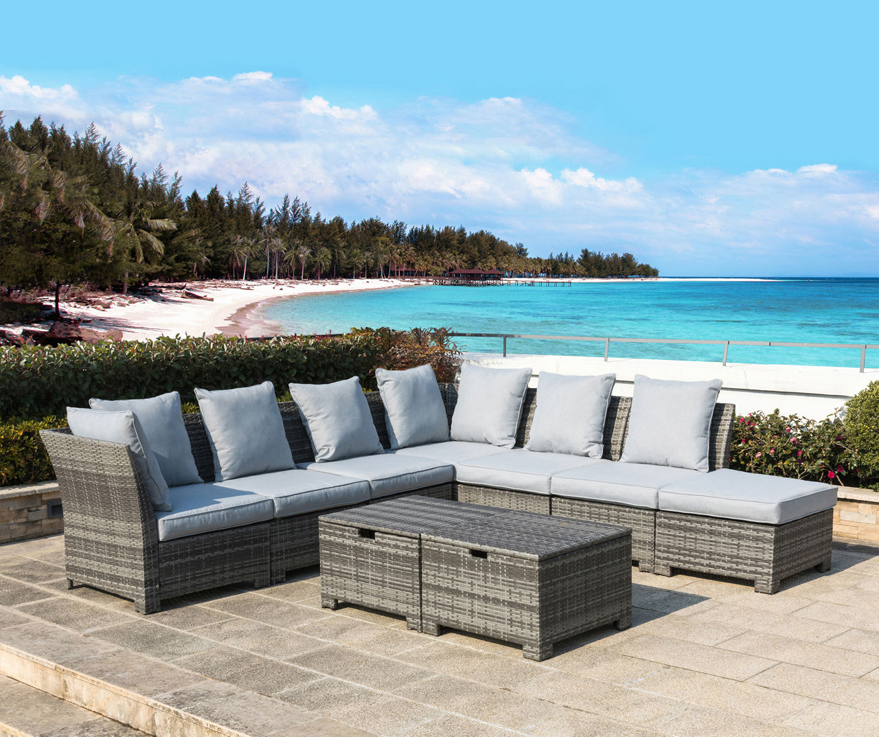 Gray-Cream 9-Piece All-Weather Wicker Cushioned Patio Sectional, Ottoman & Table Set