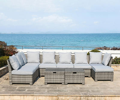 Gray-Cream 10-Piece All-Weather Wicker Cushioned Patio Sectional, Ottoman & Coffee Table Set