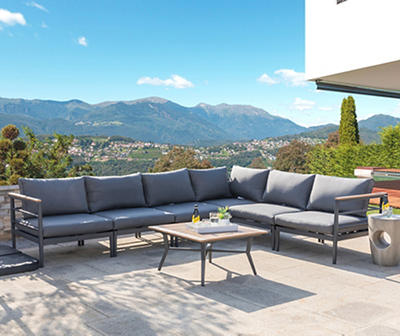Black 7-Piece Aluminum Cushioned Patio Sectional & Coffee Table Set