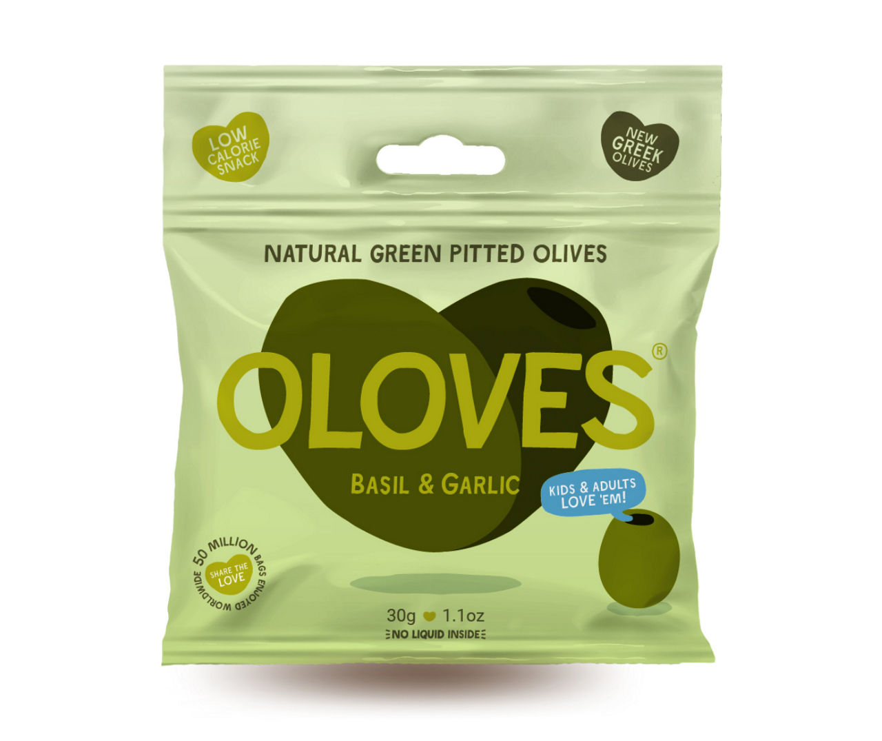 Basil & Garlic Green Pitted Olives, 1.1 Oz.