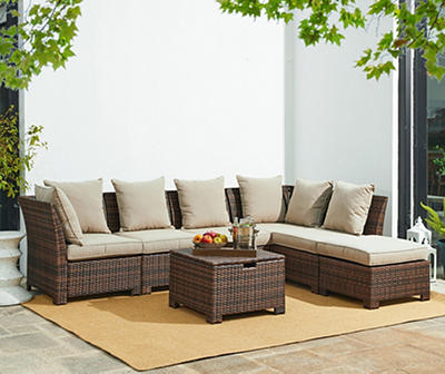 Brown 7-Piece All-Weather Wicker Cushioned Patio Sectional, Ottoman & Table Set
