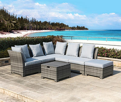 Gray-Cream 7-Piece All-Weather Wicker Cushioned Patio Sectional, Ottoman & Table Set