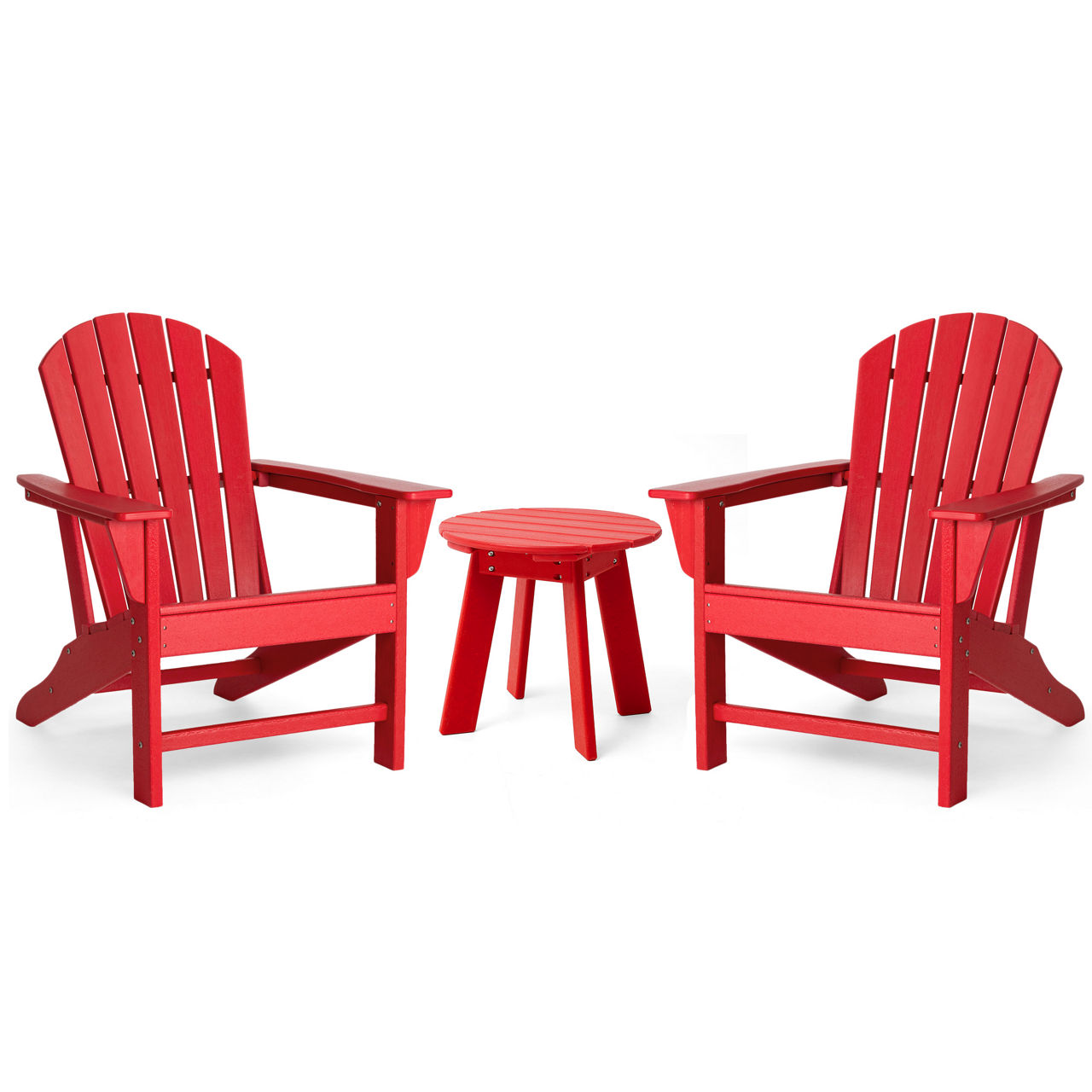 3-Piece Outdoor Patio Red HDPE Adirondack Chair and Side Table Set1pc 20"D Side Table2pcs Adirondack Chairs (KD)