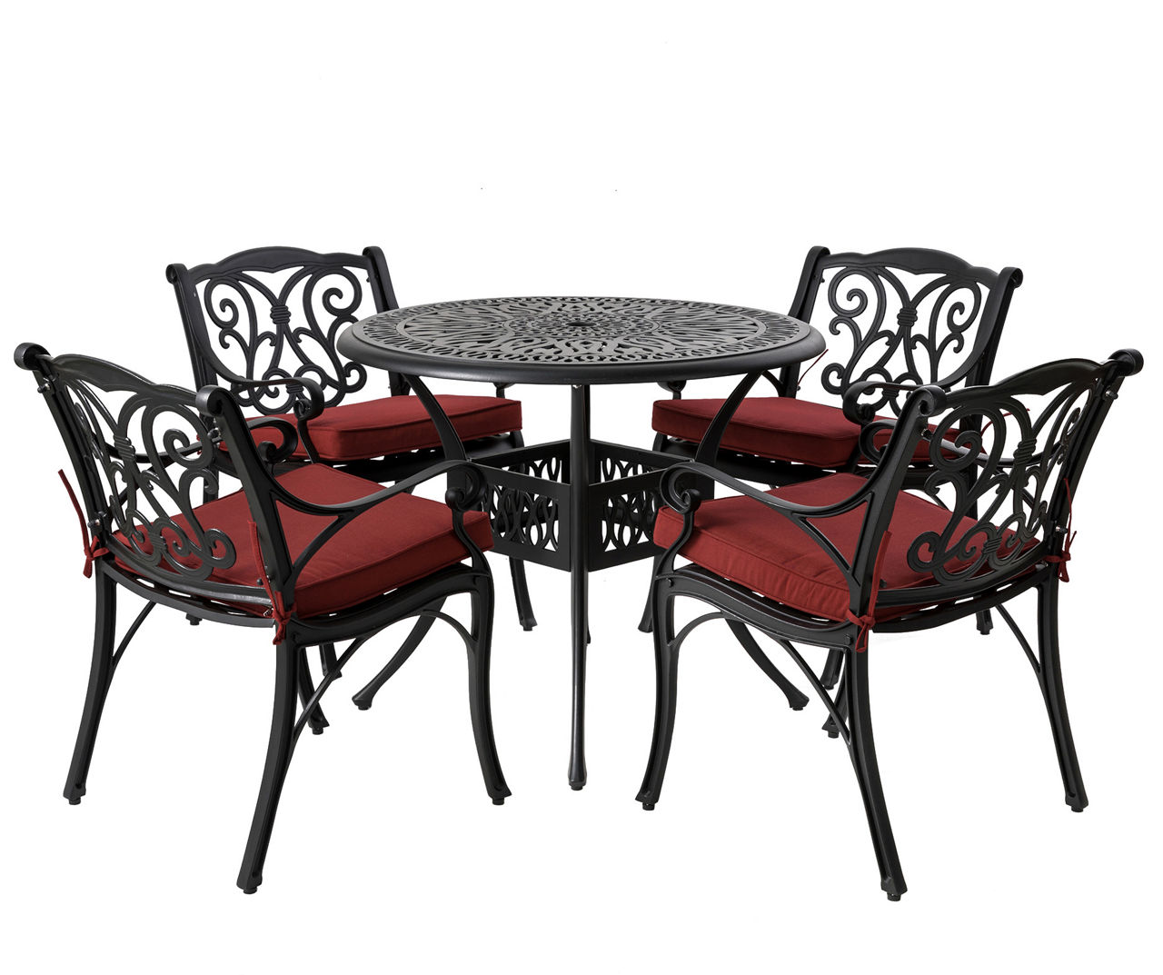 5 Piece Cast Aluminium Dining Set with Wine Red Cushions, Olefin Fabric
