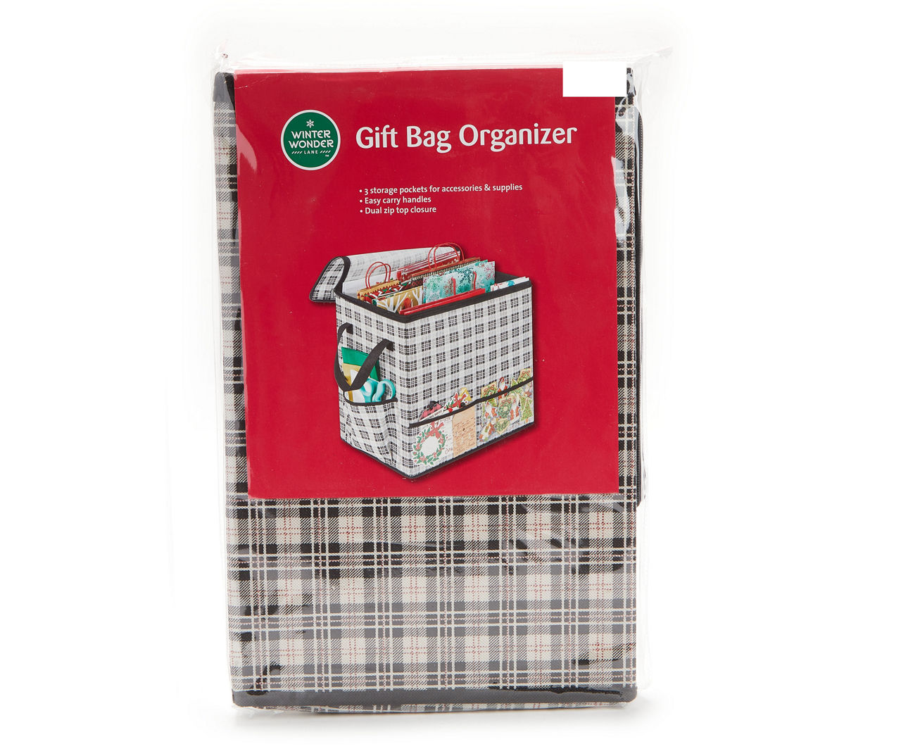 Winter Wonder Lane White & Black Plaid Gift Bag Storage Organizer