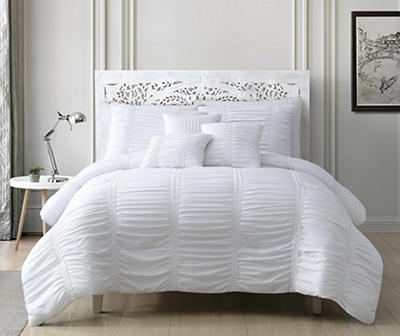 Shelly White Ruched Queen 6-Piece Comforter Set