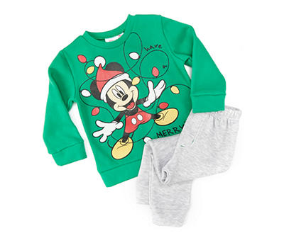Disney Baby/Toddler Green & Gray Mickey Christmas Lights 2-Piece Fleece Outfit