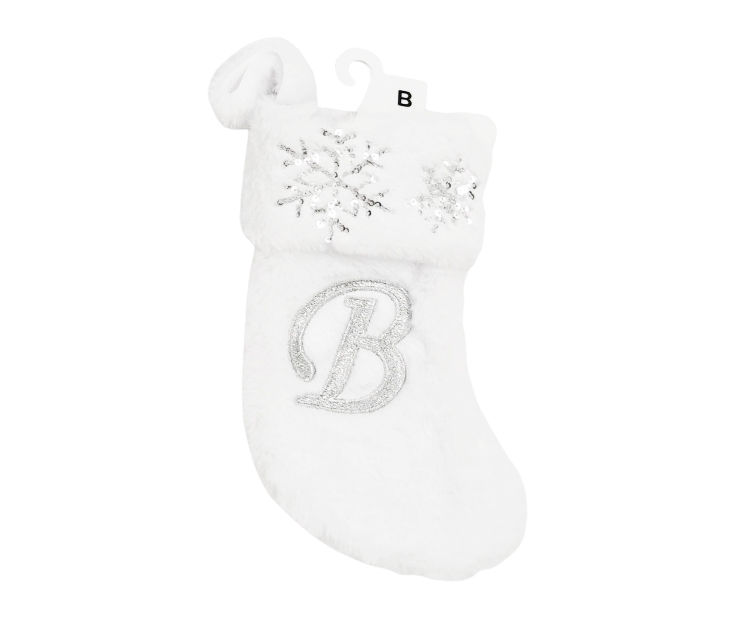 "B" Monogram White Fur & Snowflake Mini Stocking