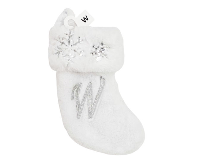 "W" Monogram White Fur & Snowflake Mini Stocking