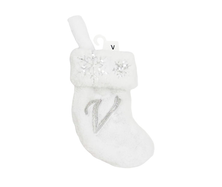 "V" Monogram White Fur & Snowflake Mini Stocking