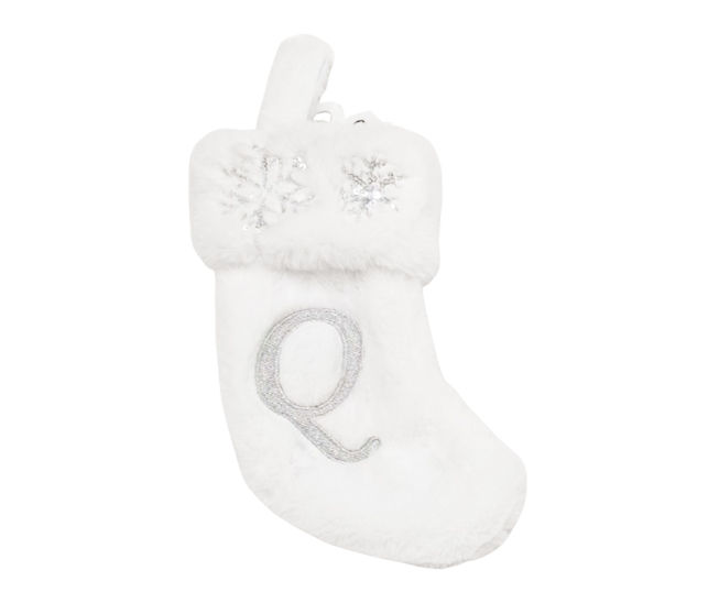 "Q" Monogram White Fur & Snowflake Mini Stocking