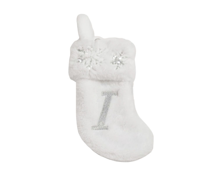 "I" Monogram White Fur & Snowflake Mini Stocking