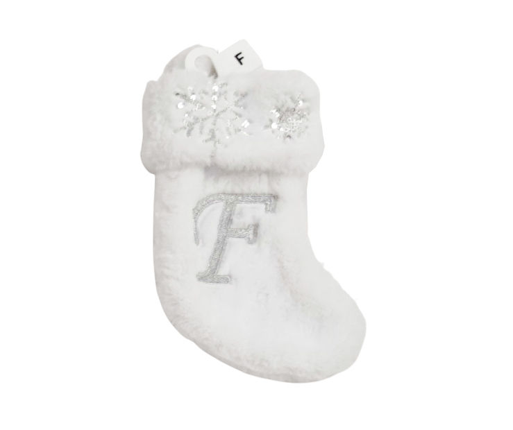 "F" Monogram White Fur & Snowflake Mini Stocking