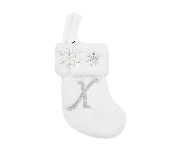 "X" Monogram White Fur & Snowflake Mini Stocking