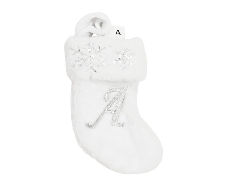 "A" Monogram White Fur & Snowflake Mini Stocking