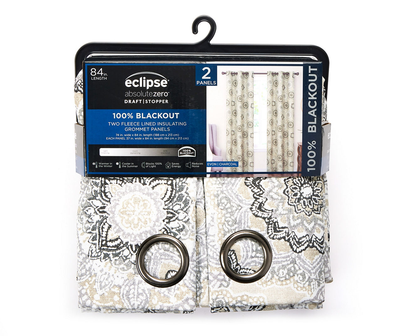 Evon Charcoal & Tan Medallion Grommet Blackout Curtain Panel Pair, (84")