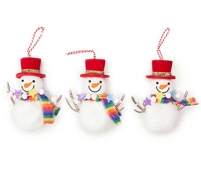 Fuzzy Rainbow Scarf Snowman Ornaments, 3-Pack