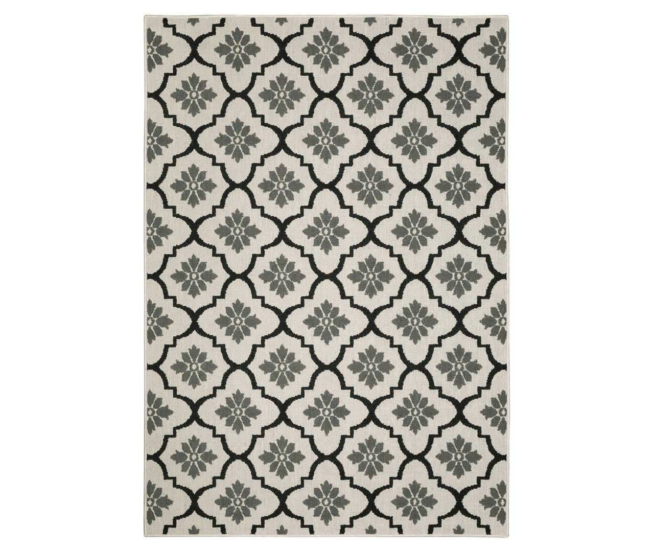 Beige & Black Floral Quatrefoil Outdoor Runner Rug, (1.1' x 7.3