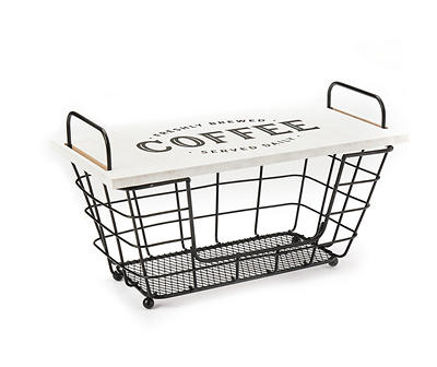 "Coffee" Black & White Lidded Wire Basket