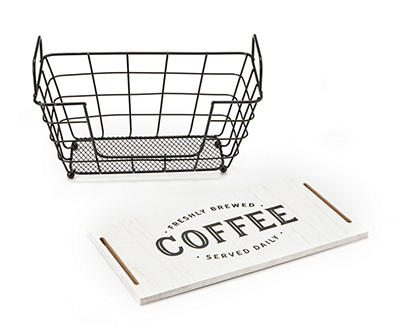 "Coffee" Black & White Lidded Wire Basket