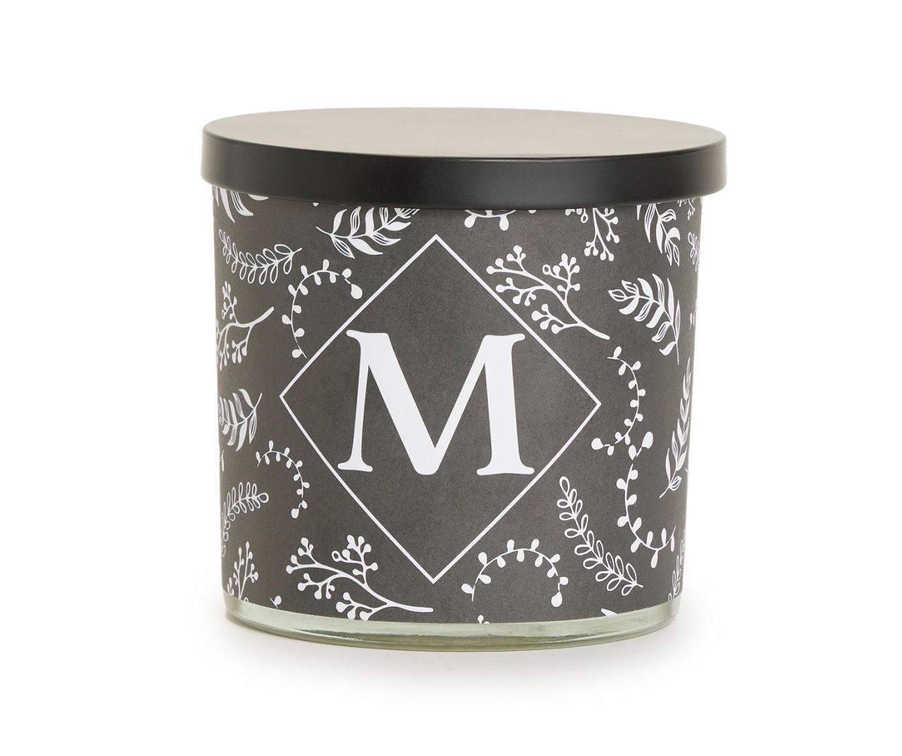 "M" Sandalwood Leather Black & White Botanical Monogram Jar Candle, 14 oz.
