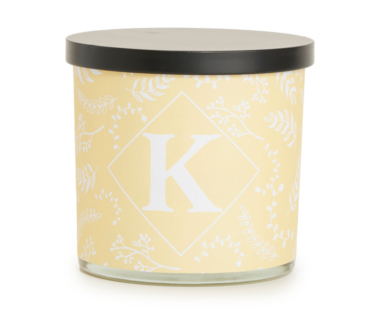 "K" Mandarin Honeysuckle Yellow & White Botanical Monogram Jar Candle, 14 oz.