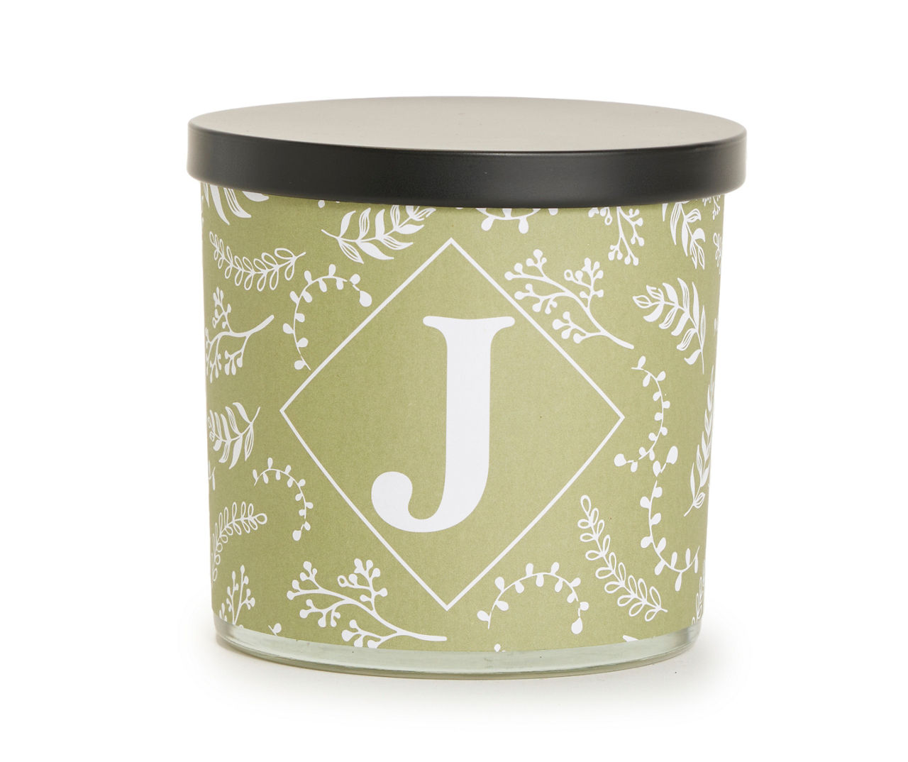 "J" Herbal Green & White Botanical Monogram Jar Candle, 14 oz.