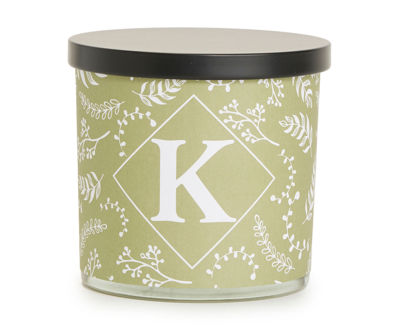 "K" Herbal Green & White Botanical Monogram Jar Candle, 14 oz.