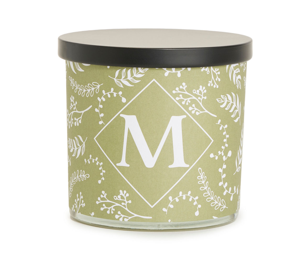 "M" Herbal Green & White Botanical Monogram Jar Candle, 14 oz.