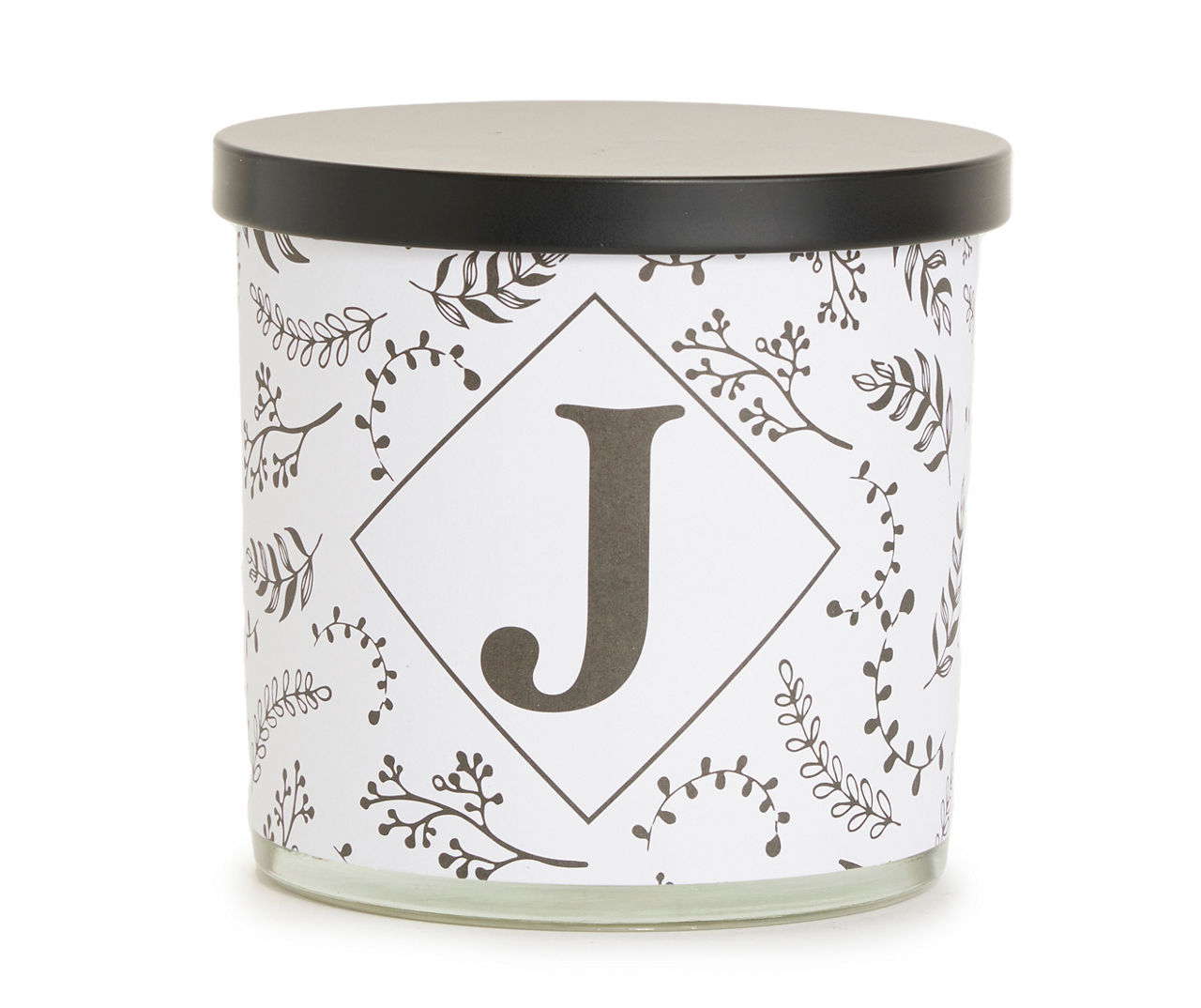 "J" Lavender & Eucalyptus White & Black Botanical Monogram Jar Candle, 14 oz.