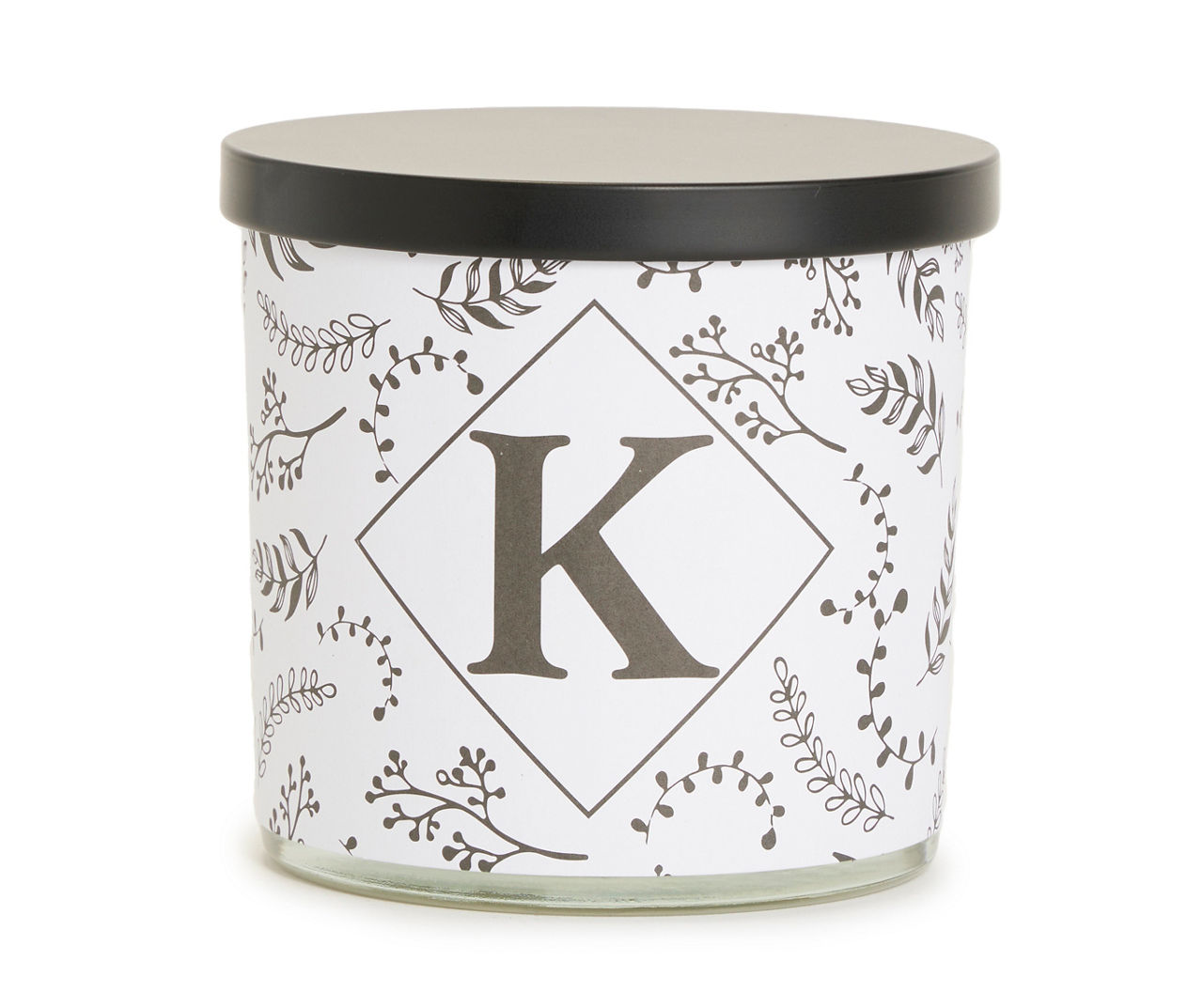 "K" Lavender & Eucalyptus White & Black Botanical Monogram Jar Candle, 14 oz.