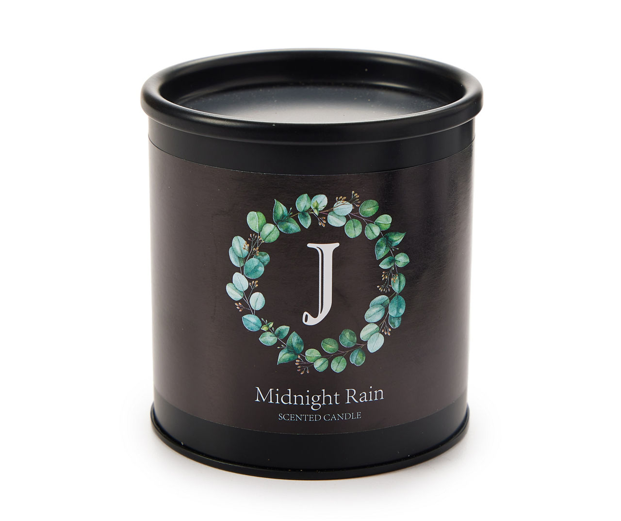 "J" Midnight Rain Black Leaf Wreath Tin Candle, 8 oz.