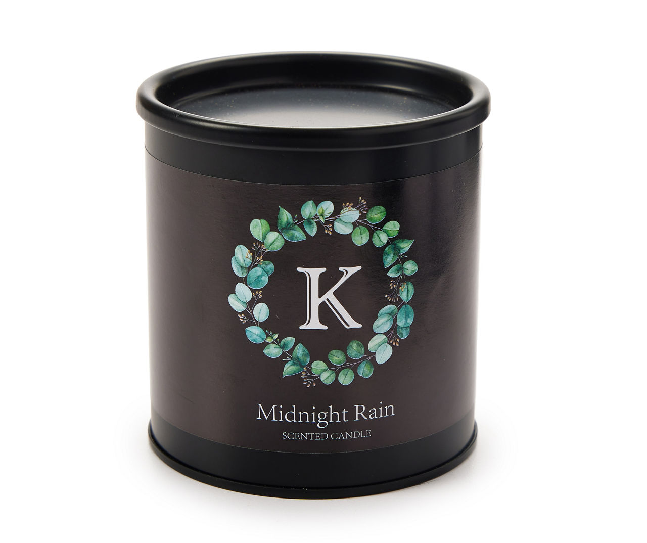 "K" Midnight Rain Black Leaf Wreath Tin Candle, 8 oz.