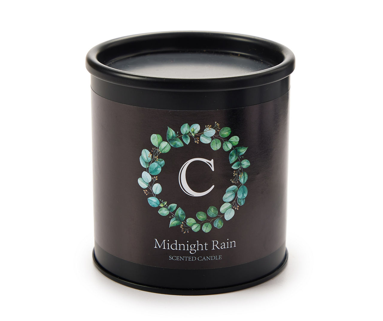 "C" Midnight Rain Black Leaf Wreath Tin Candle, 8 oz.